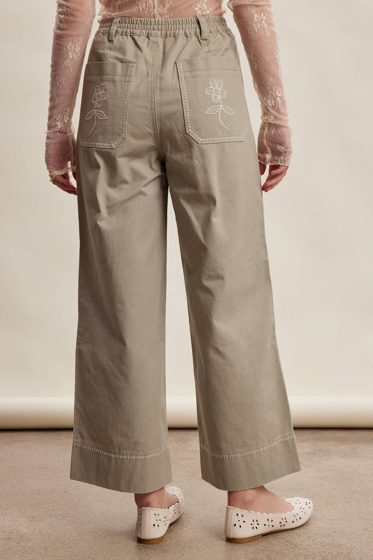 Floral Embroidered Cropped Wide-Leg Pants