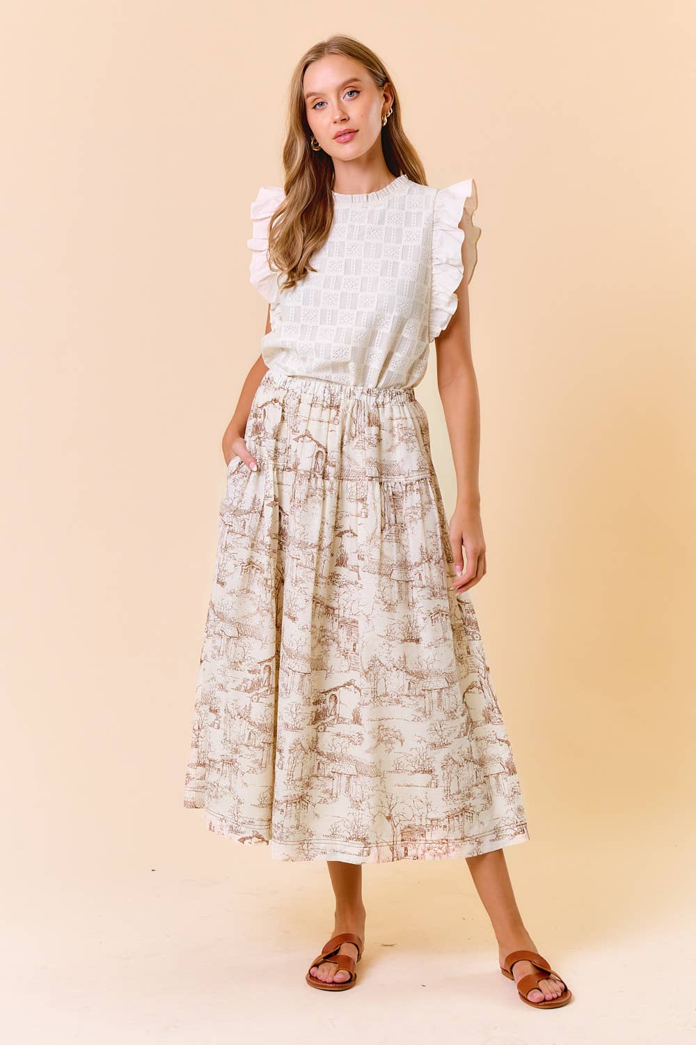 PRINTED COTTON BLEND ELASTIC WAIST MIDI SKIRT