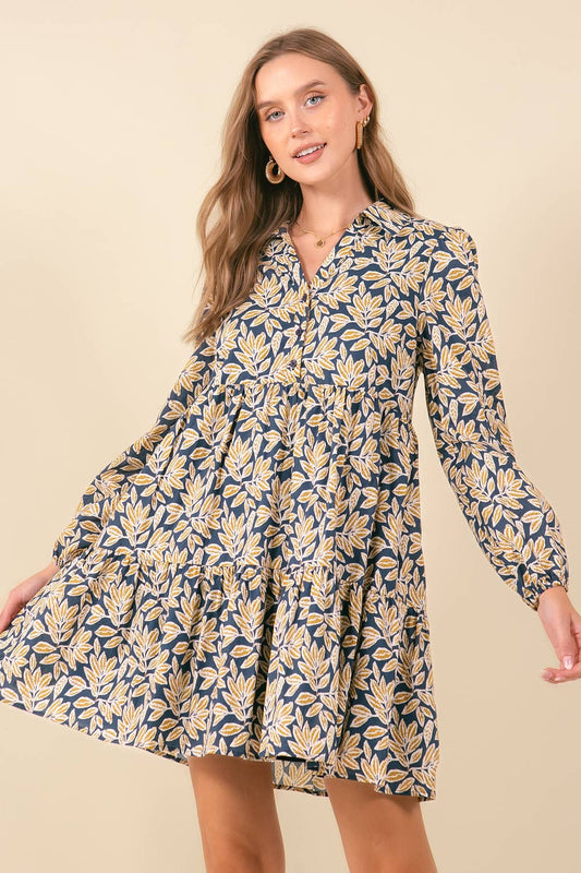 NAVY + MUSTARD HALF BUTTON DOWN MINI DRESS