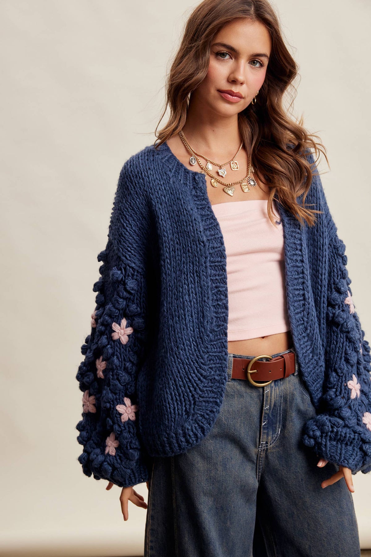Hand Knit Floral Bobble Sleeve Cardigan
