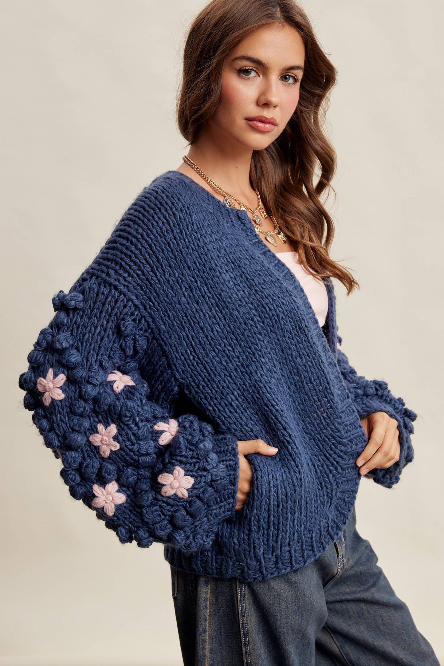 Hand Knit Floral Bobble Sleeve Cardigan