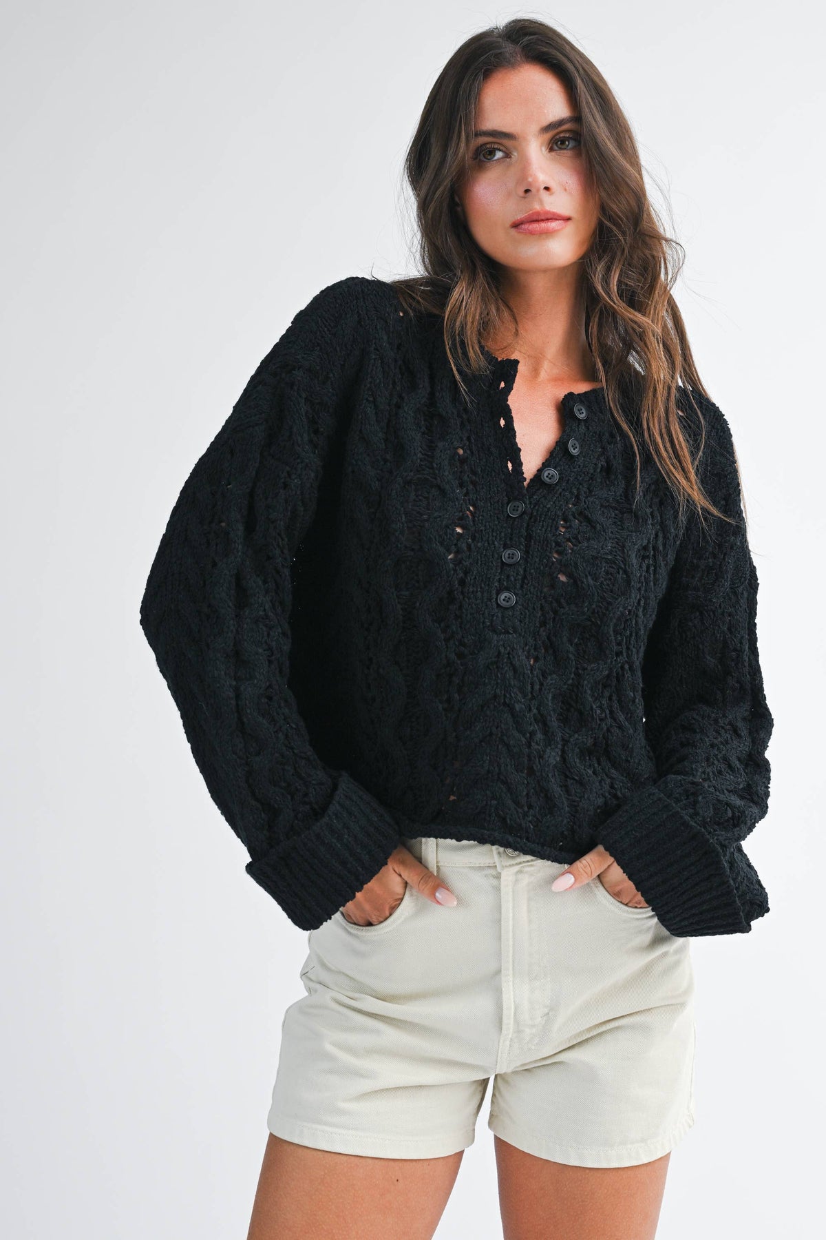 Textured Cropped Henley Knit Sweater