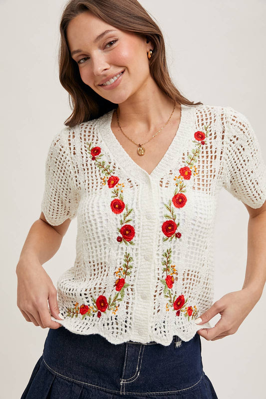 FLORAL EMBROIDERED BUTTON DOWN KNIT TOP