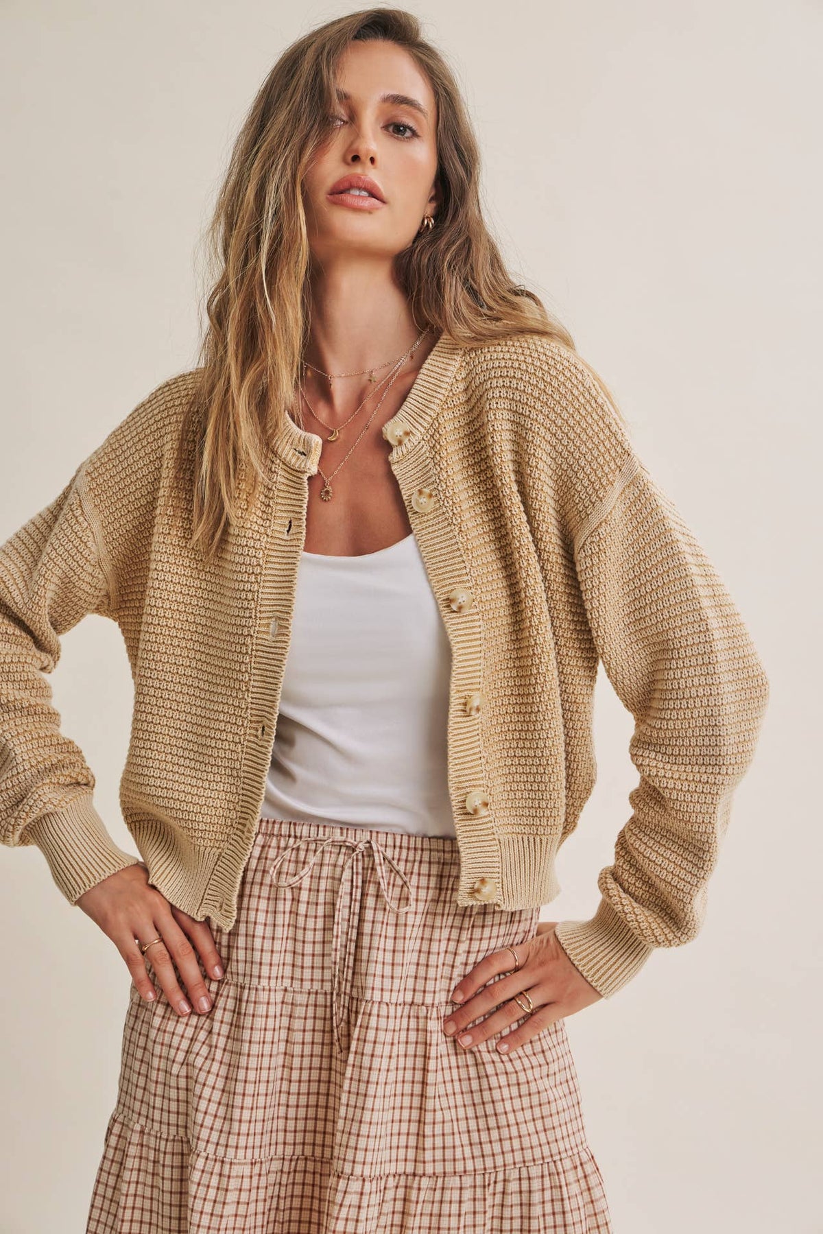 MINERAL-WASHED CABLE KNIT COTTON CARDIGAN