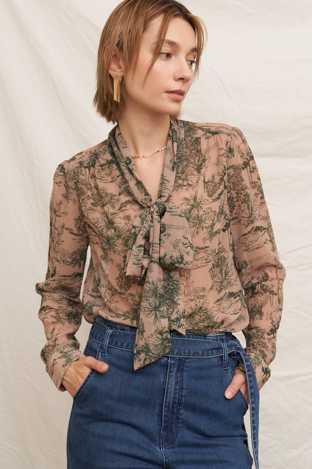 Printed Long Sleeve Tie-Neck Chiffon Blouse
