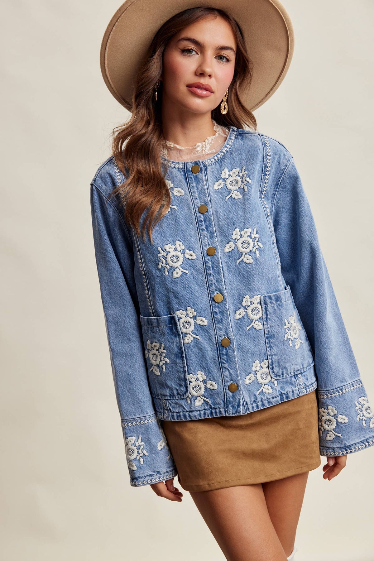 Embroidered Floral Lined Denim