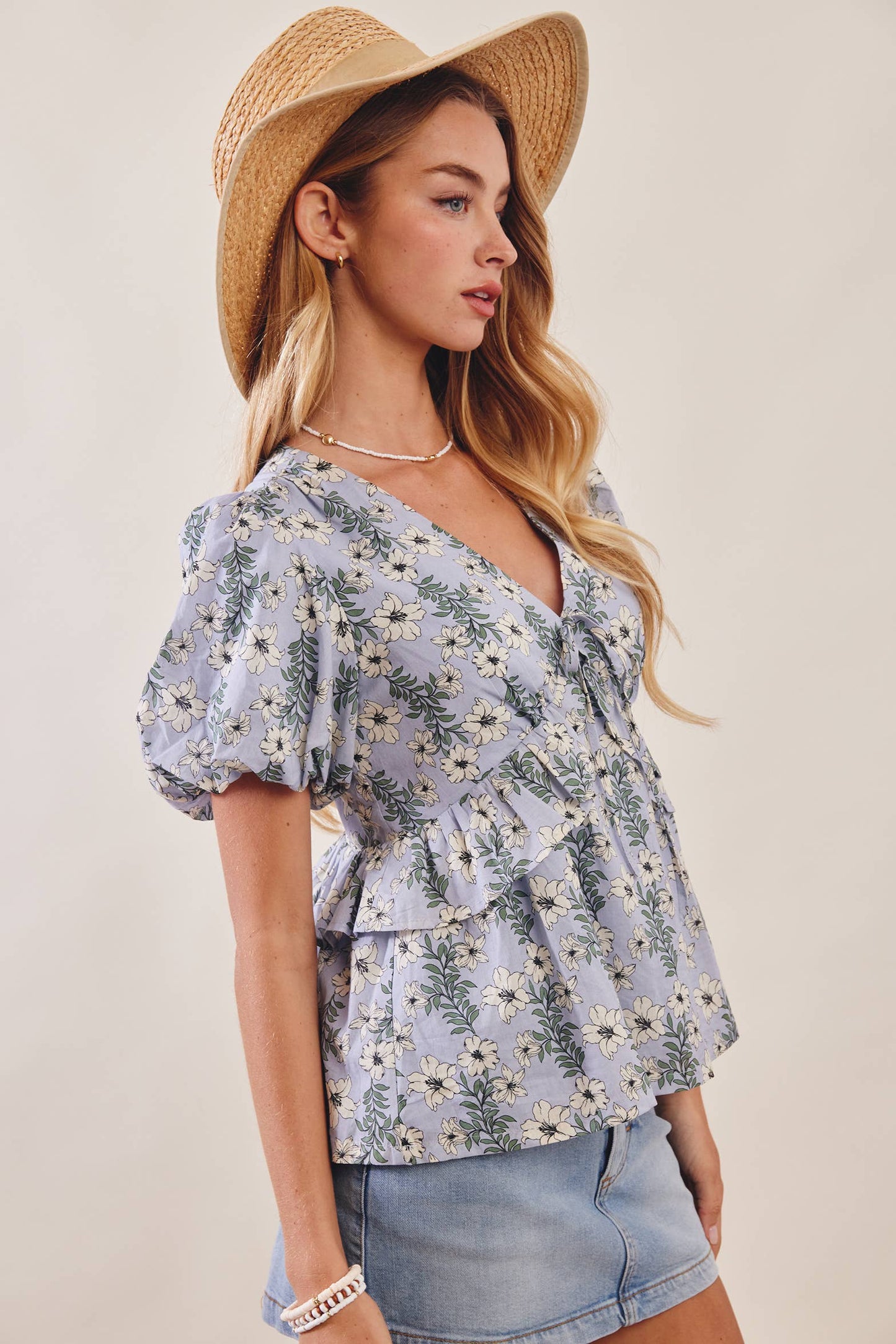 Floral Puff Sleeve Lined Blouse