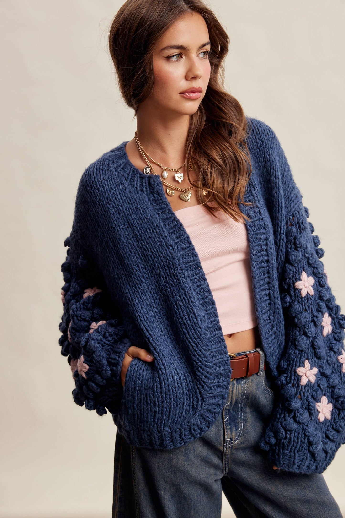 Hand Knit Floral Bobble Sleeve Cardigan