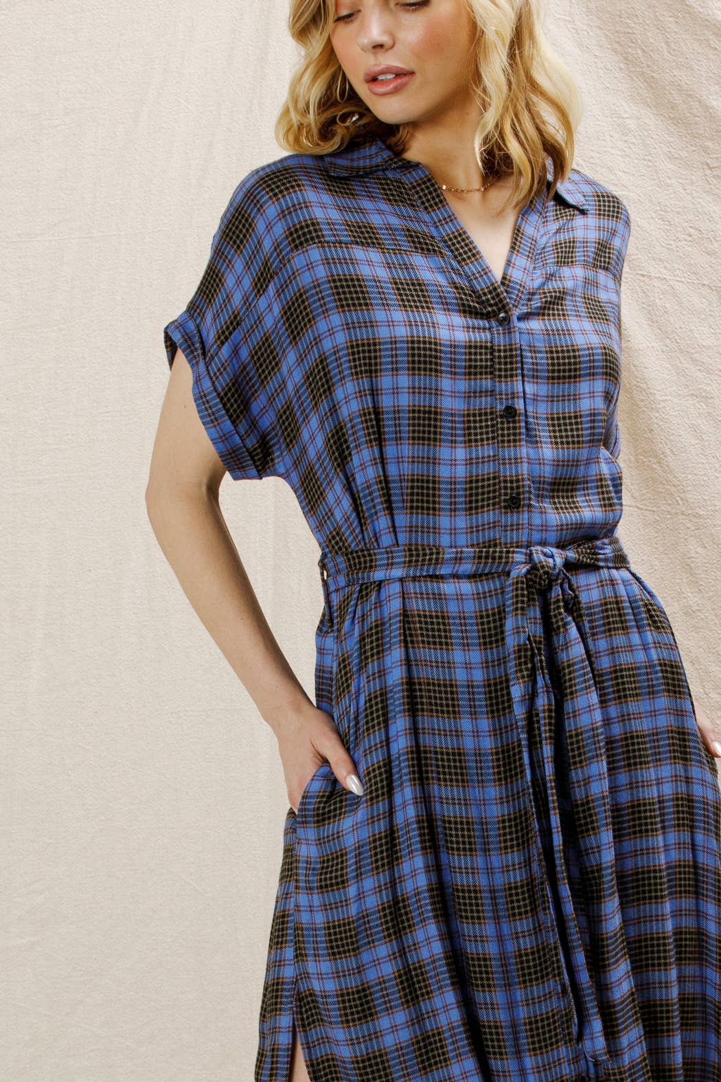 Plaid Button Down Belted Shirt Dress