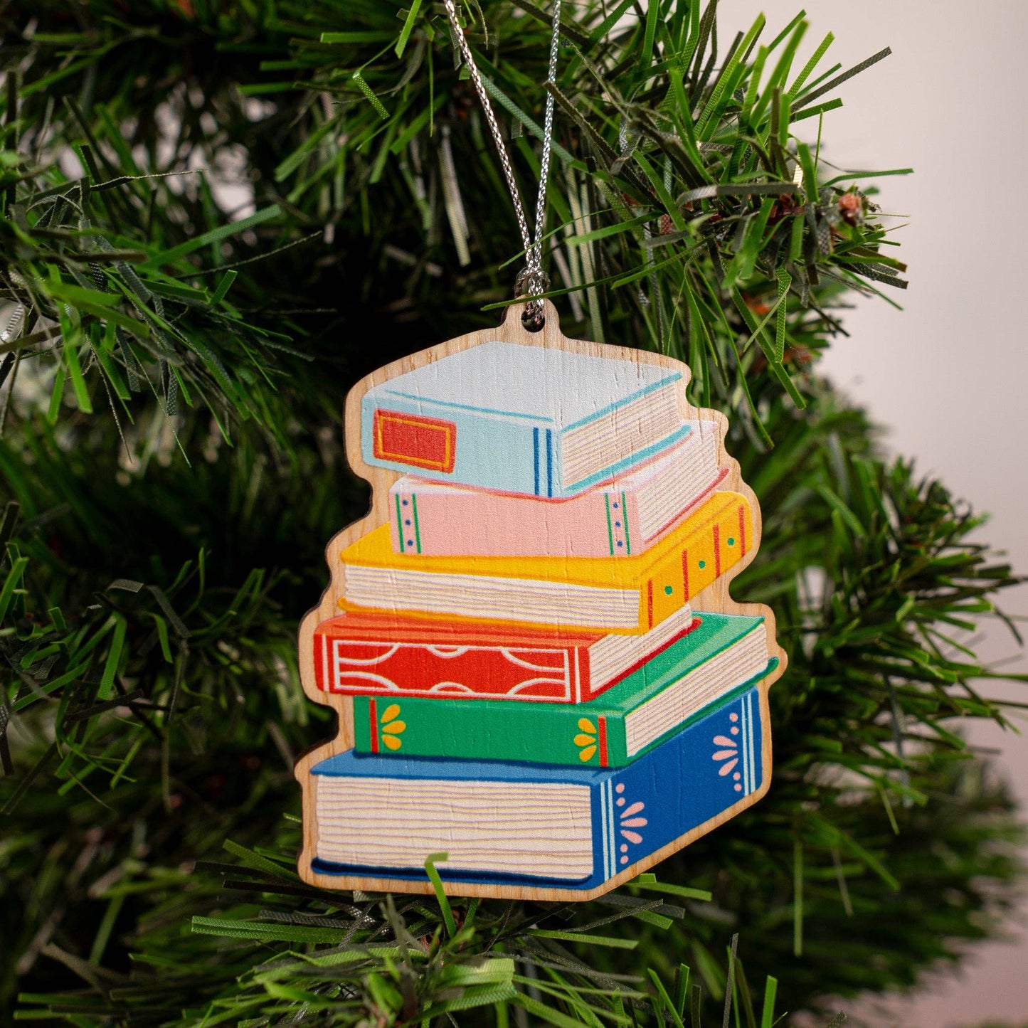 Colorful Book Stack Wood Christmas Ornament