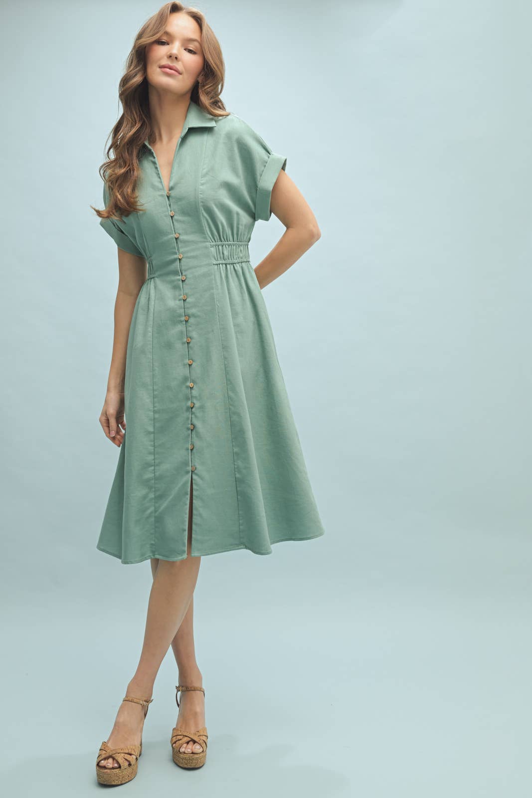 COLLARED BUTTON-UP MIDI DRESS