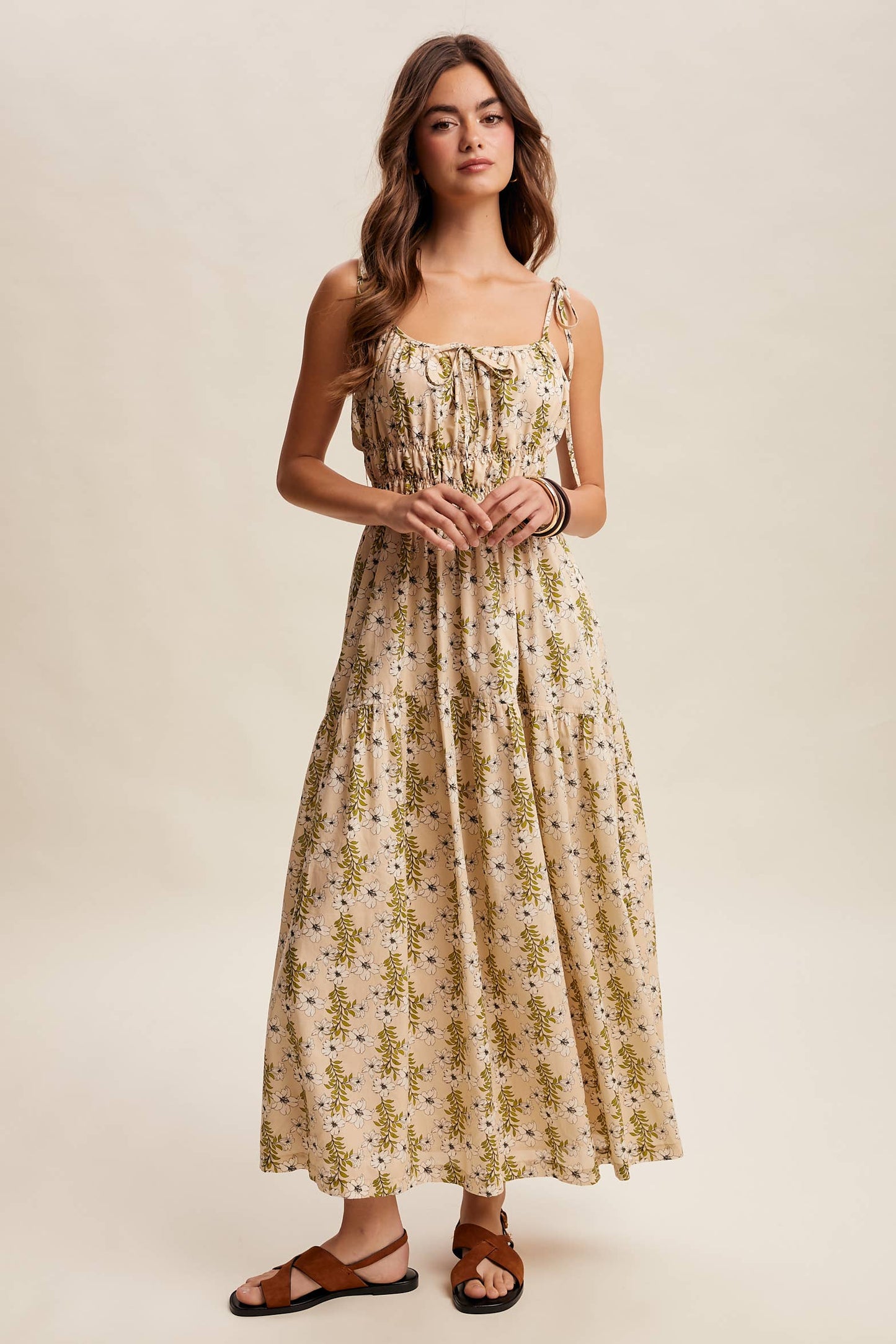 Floral Tie-Strap Smocked Maxi Dress