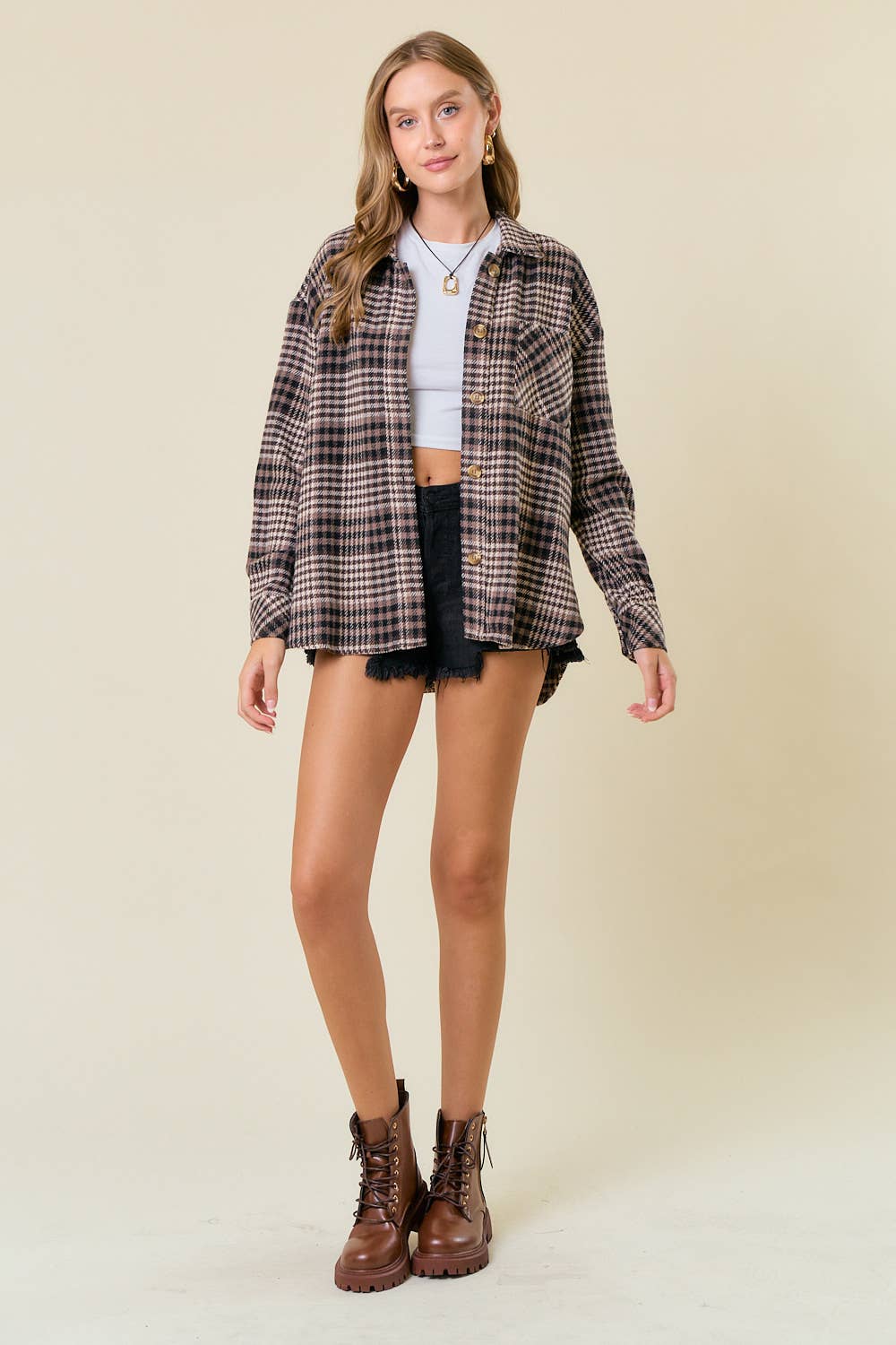 Plaid Front Button-Down Shacket W/ Patch Pocket