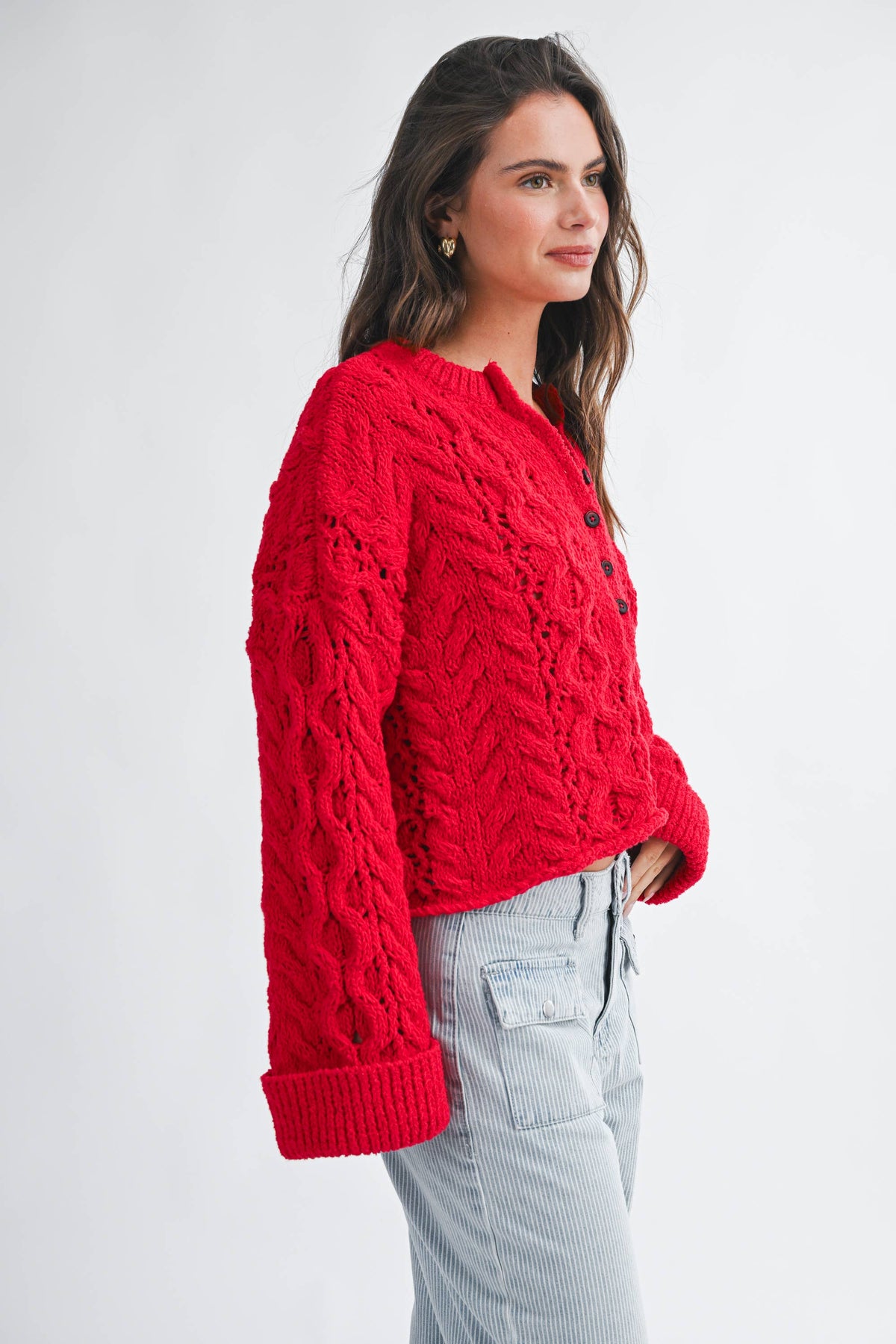 Textured Cropped Henley Knit Sweater