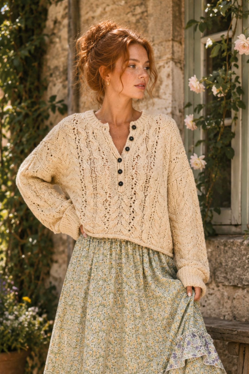 Textured Cropped Henley Knit Sweater