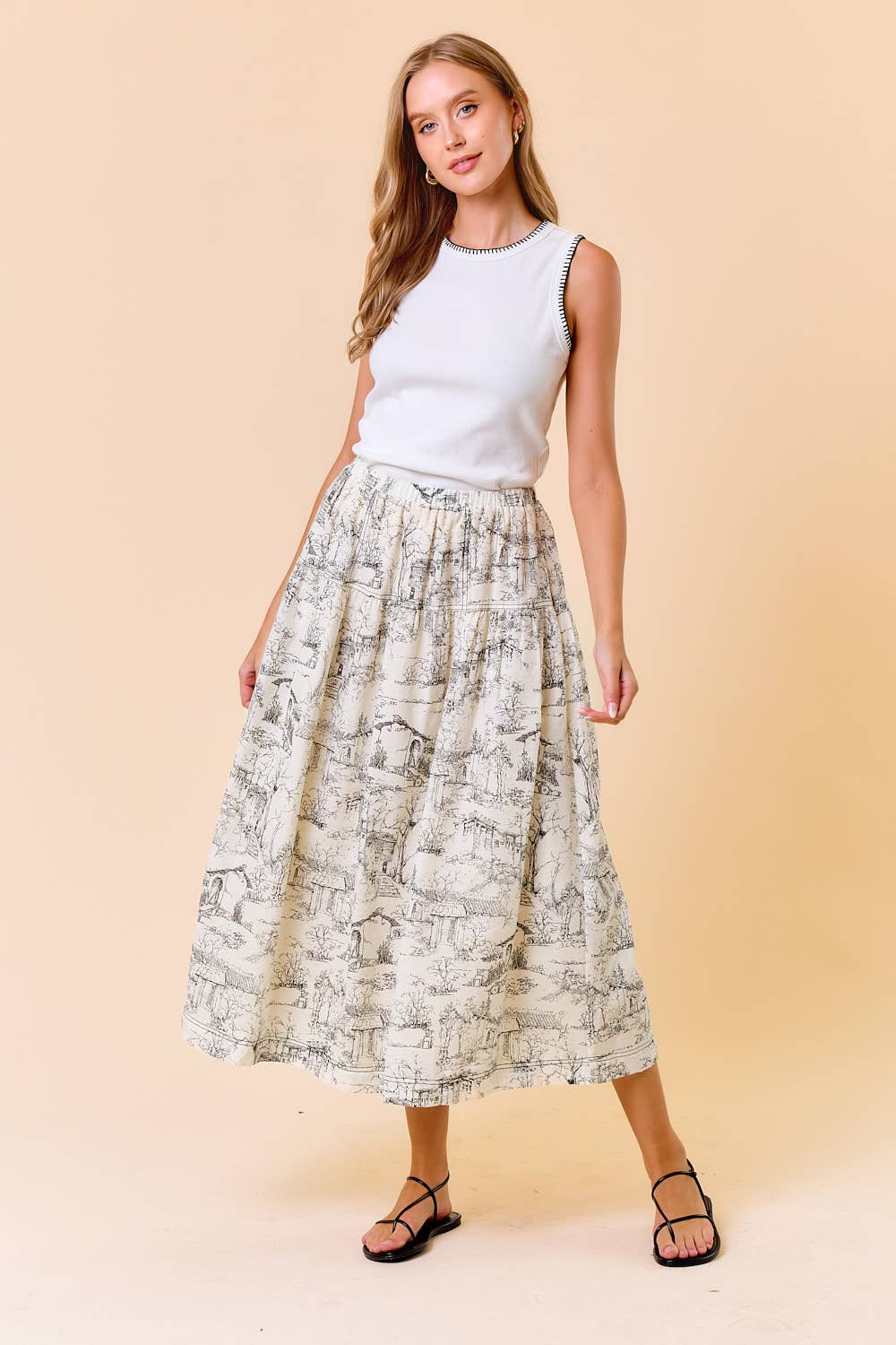 PRINTED COTTON BLEND ELASTIC WAIST MIDI SKIRT