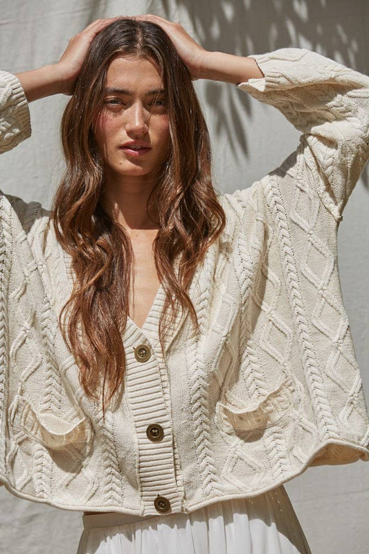 100% Cotton Knit Sweater Cotton V-Neck Cable Knit Cardigan Top