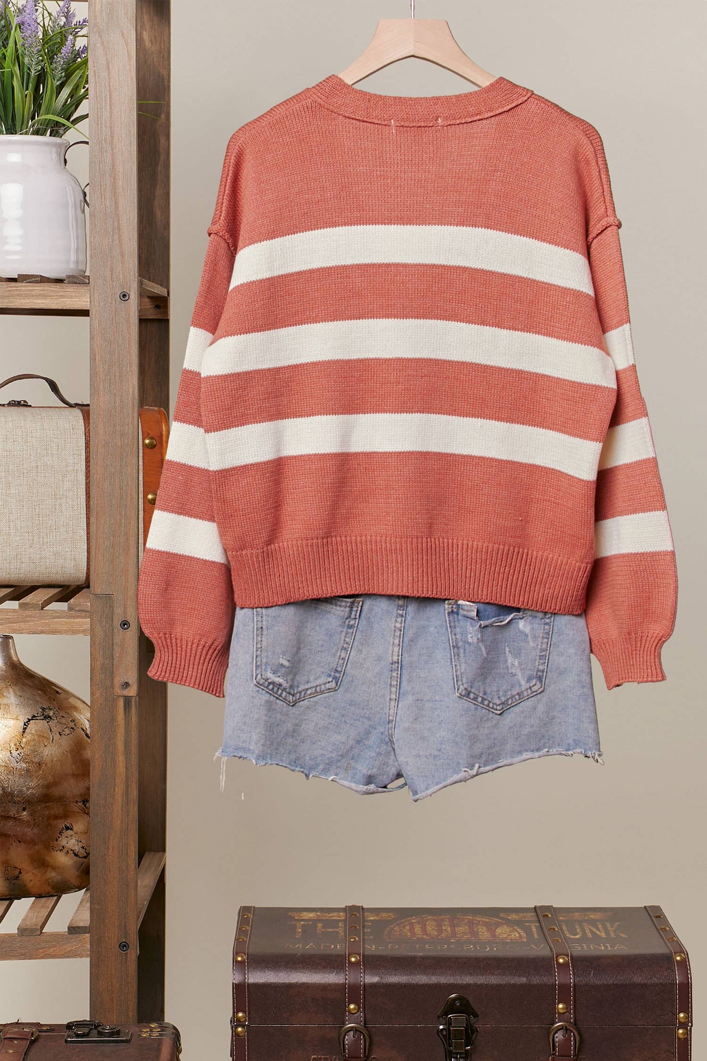 Striped  V Neck Knit Cardigan