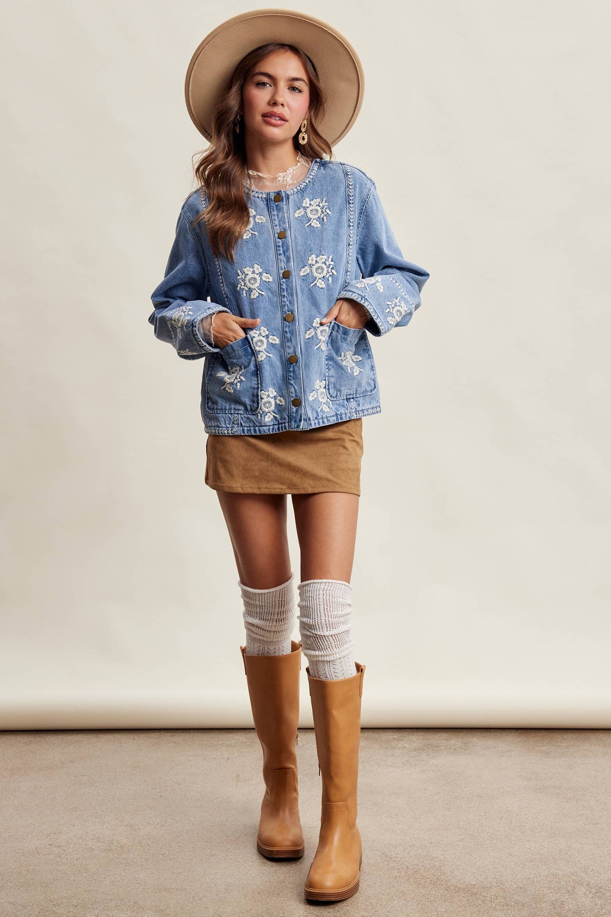 Embroidered Floral Lined Denim