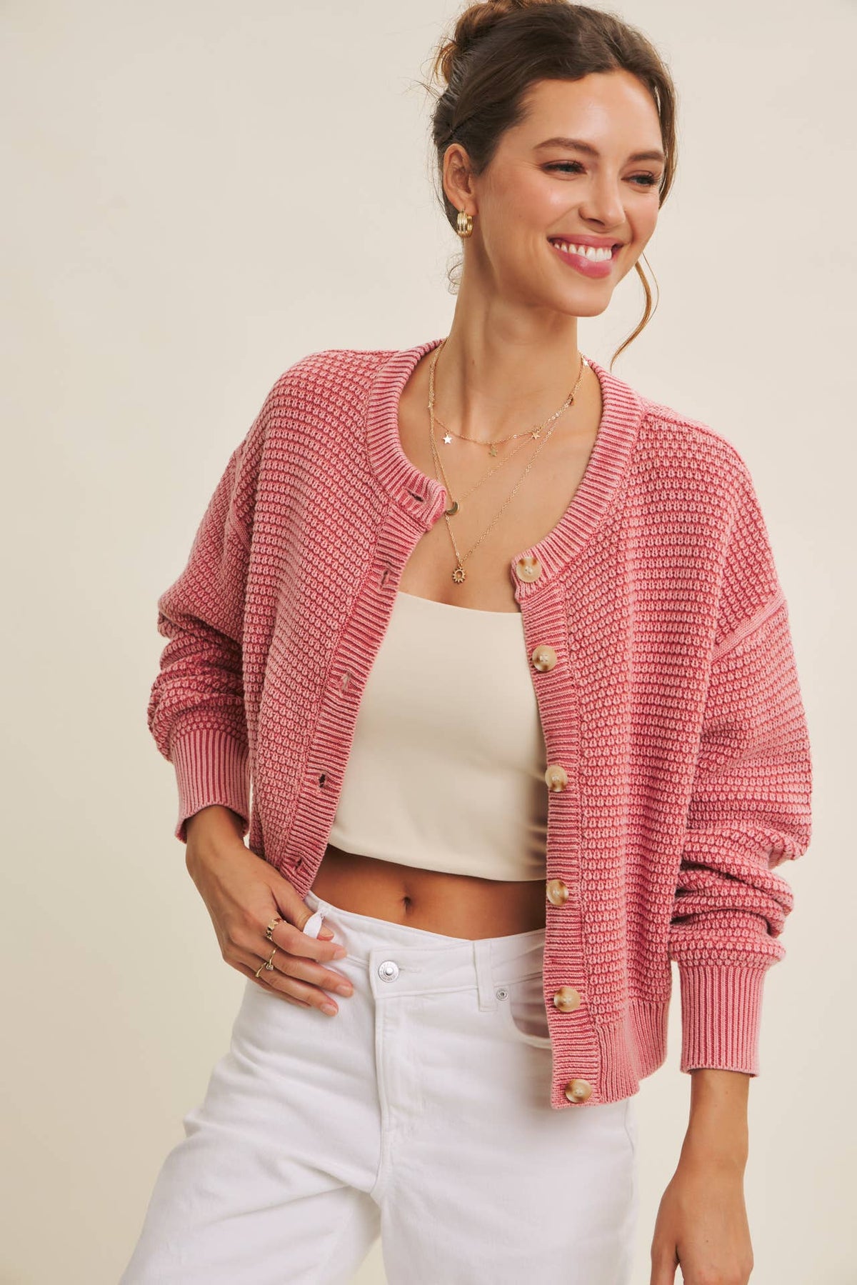 MINERAL-WASHED CABLE KNIT COTTON CARDIGAN