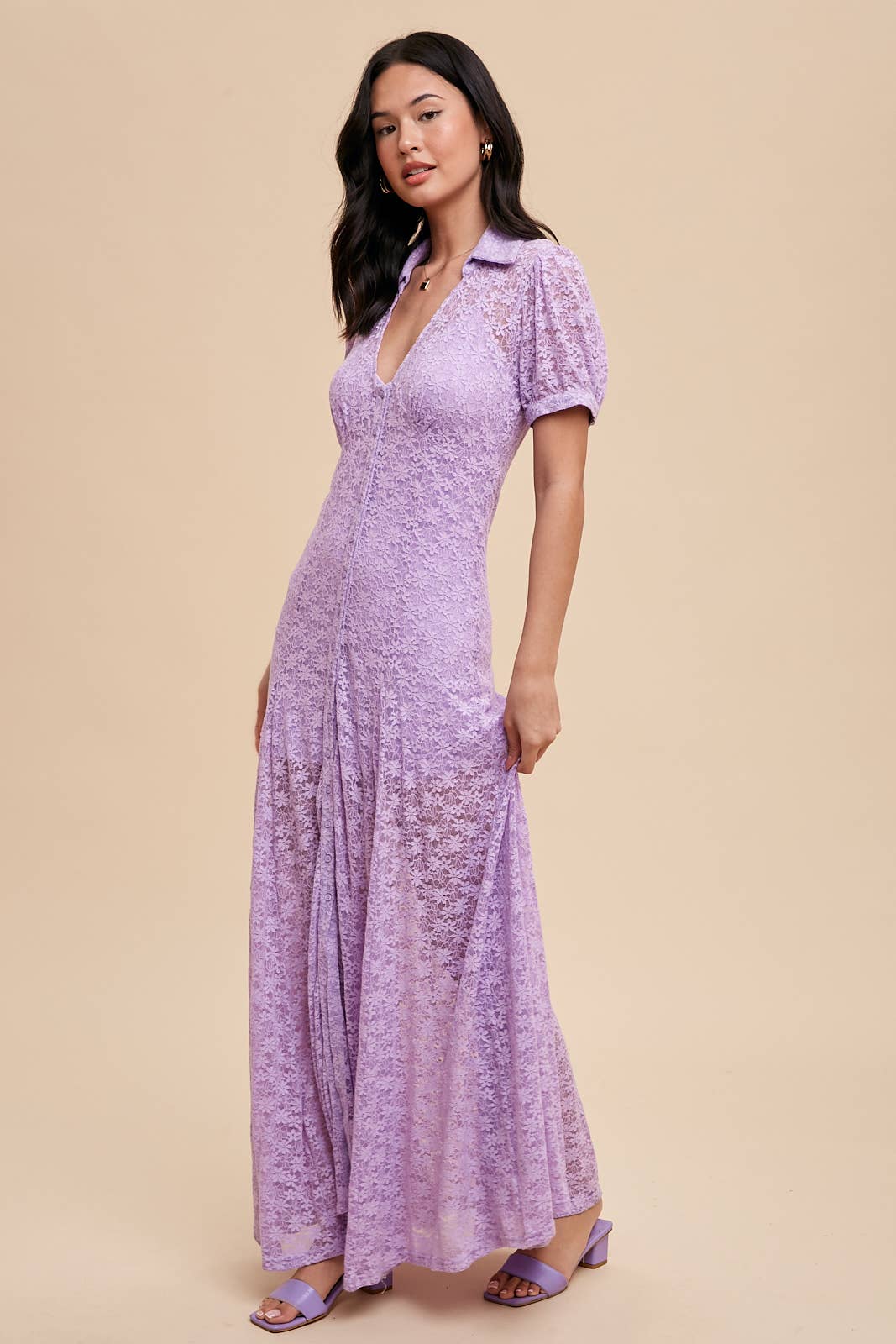 A LINE LACE BUTTON UP DRESS WITH SLIP