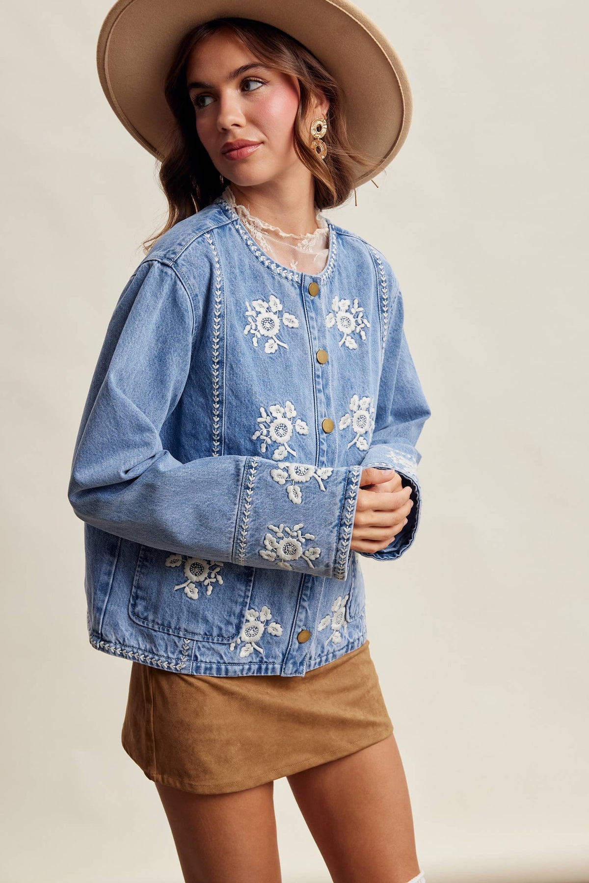 Embroidered Floral Lined Denim