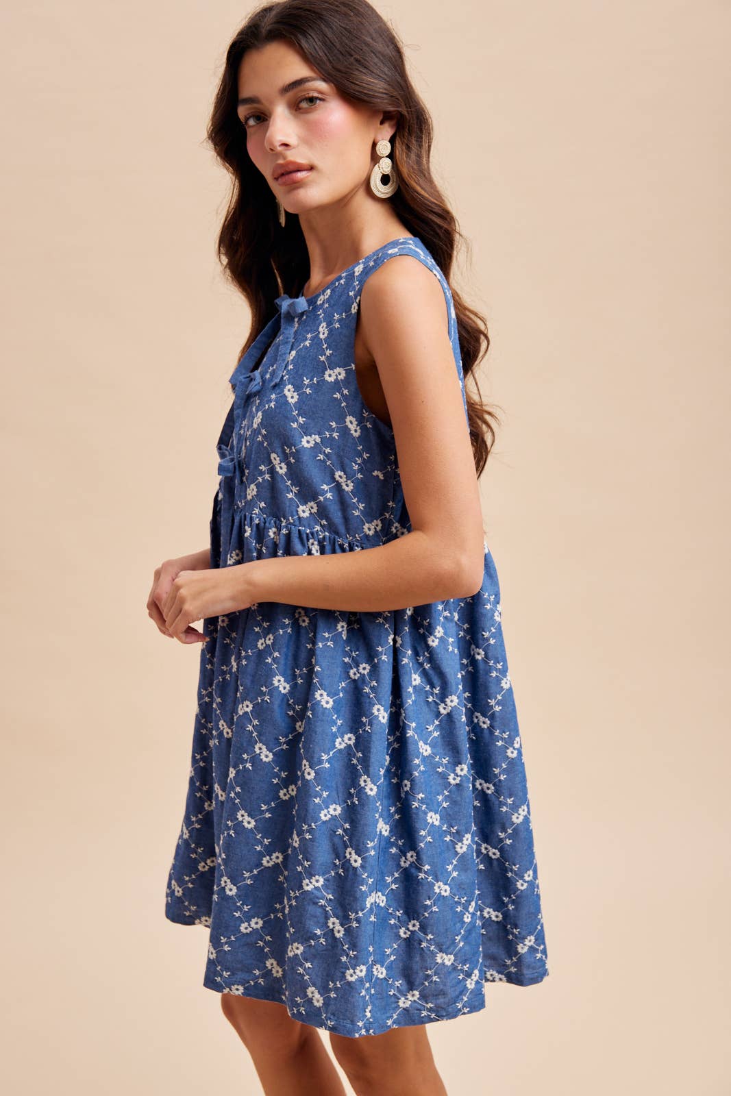 CHAMBRAY EMBROIDERED BOW MINI DRESS