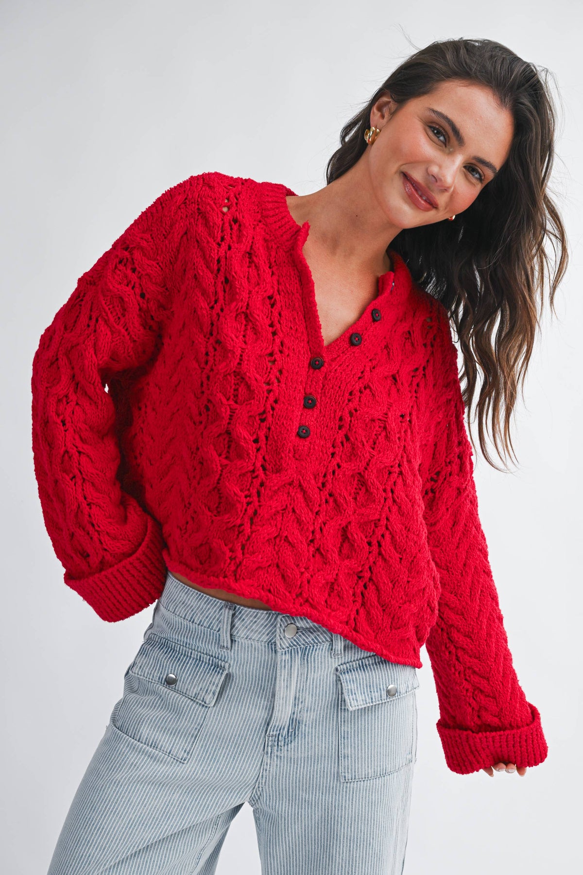 Textured Cropped Henley Knit Sweater