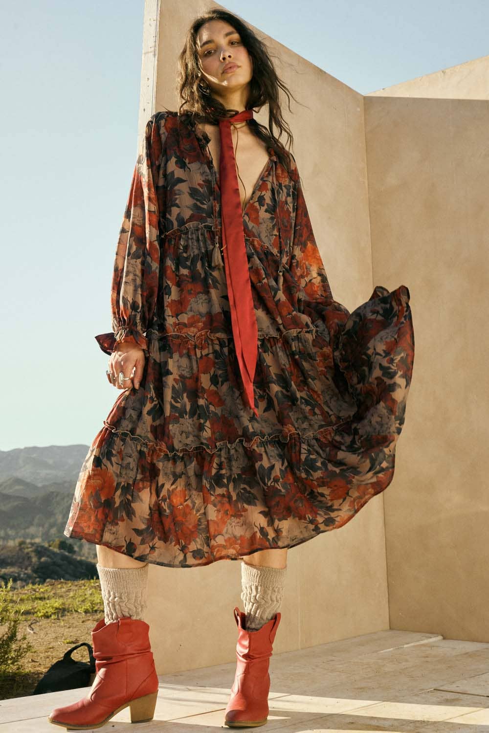 Floral-Print Tiered Ruffle Long-Sleeve Midi Dress FINAL SALE