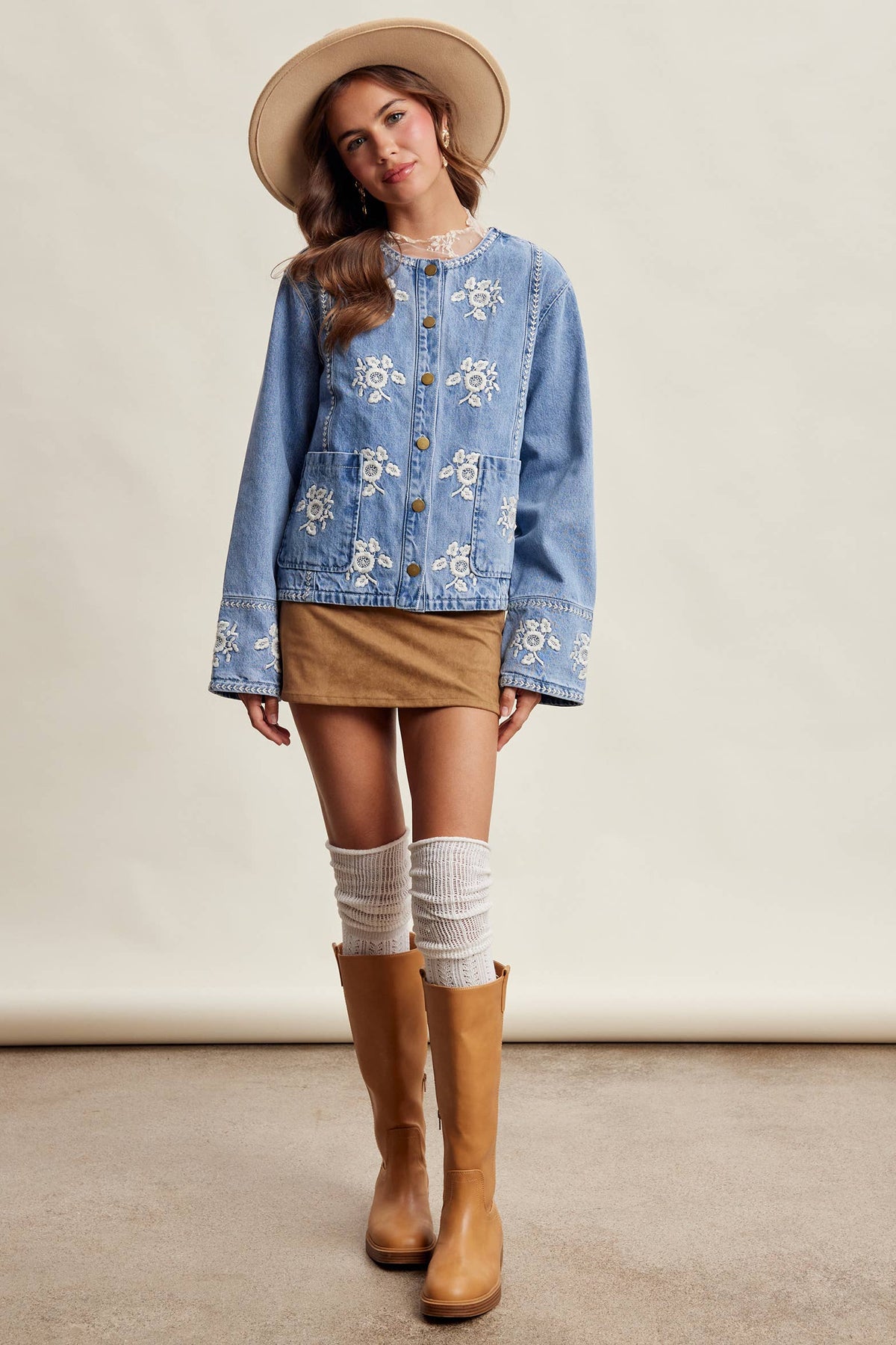 Embroidered Floral Lined Denim