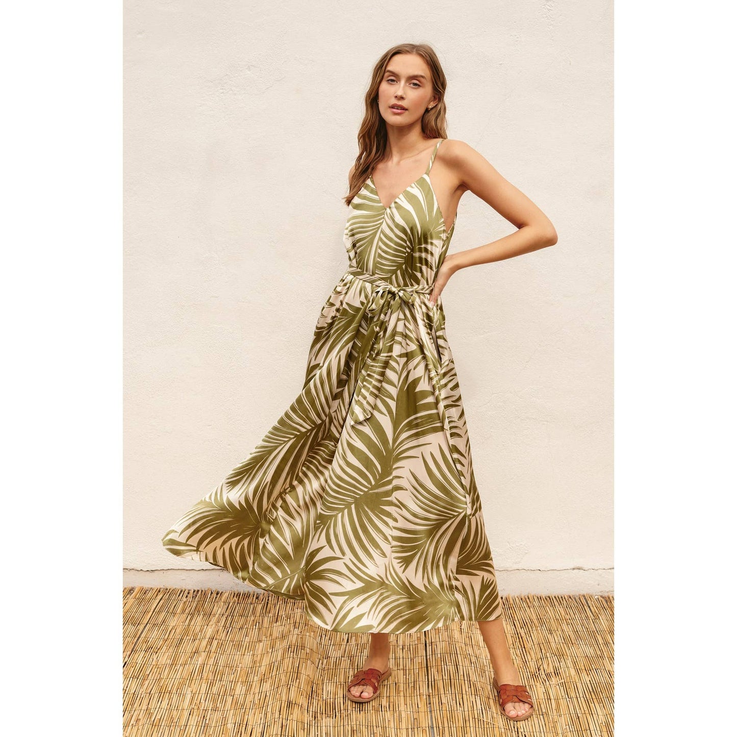 Tropical Palm Frond Flared Maxi Dress
