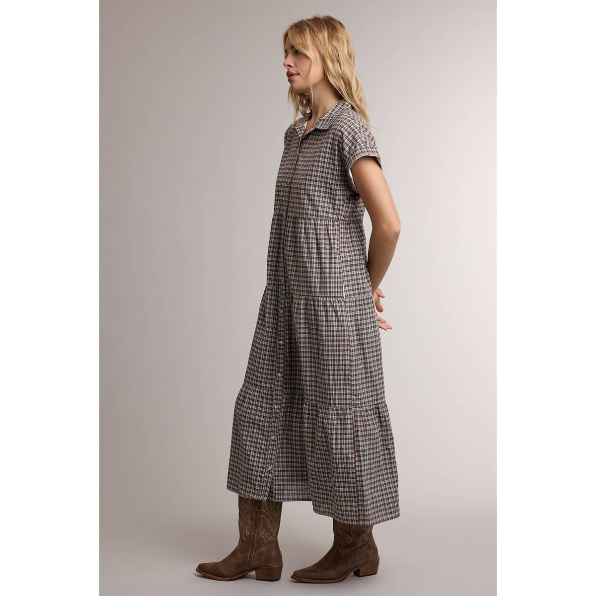 TIERED GINGHAM SHIRT MIDI DRESS WITH POCKETS