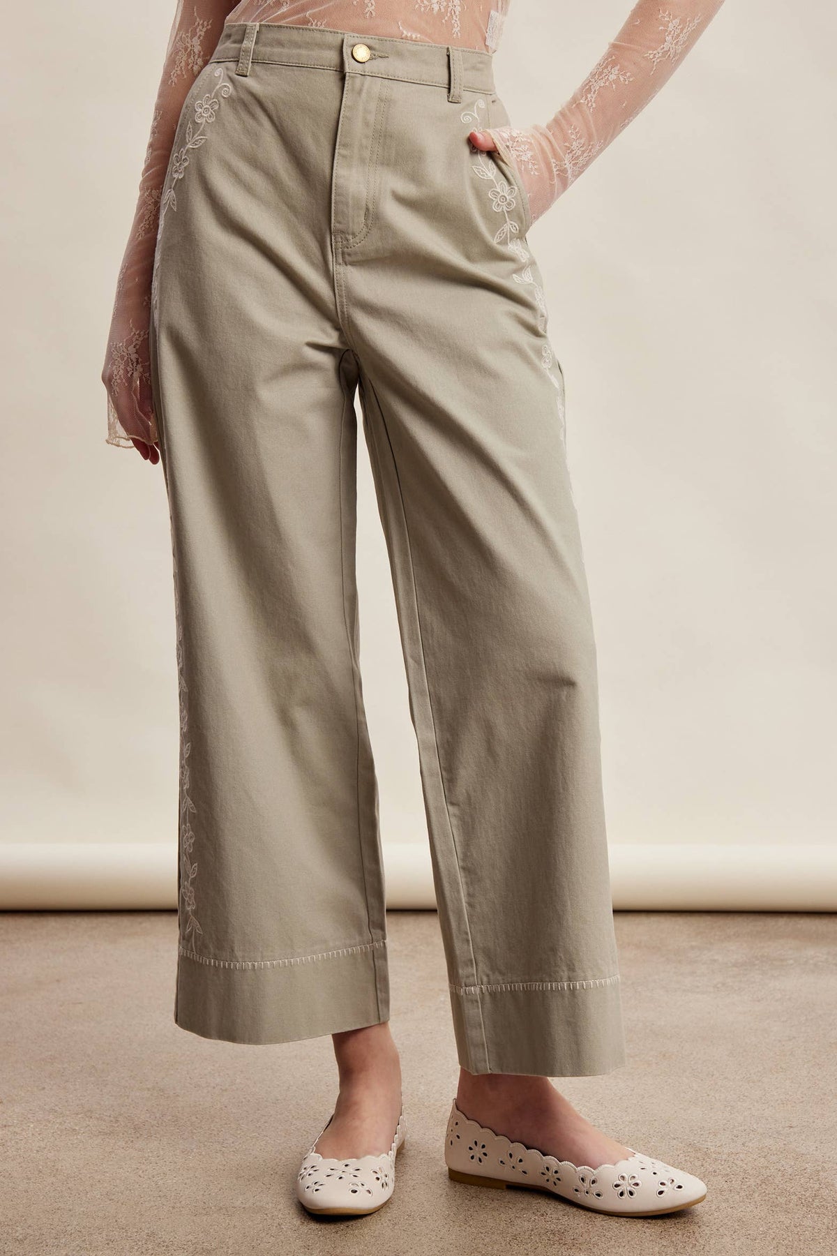 Floral Embroidered Cropped Wide-Leg Pants