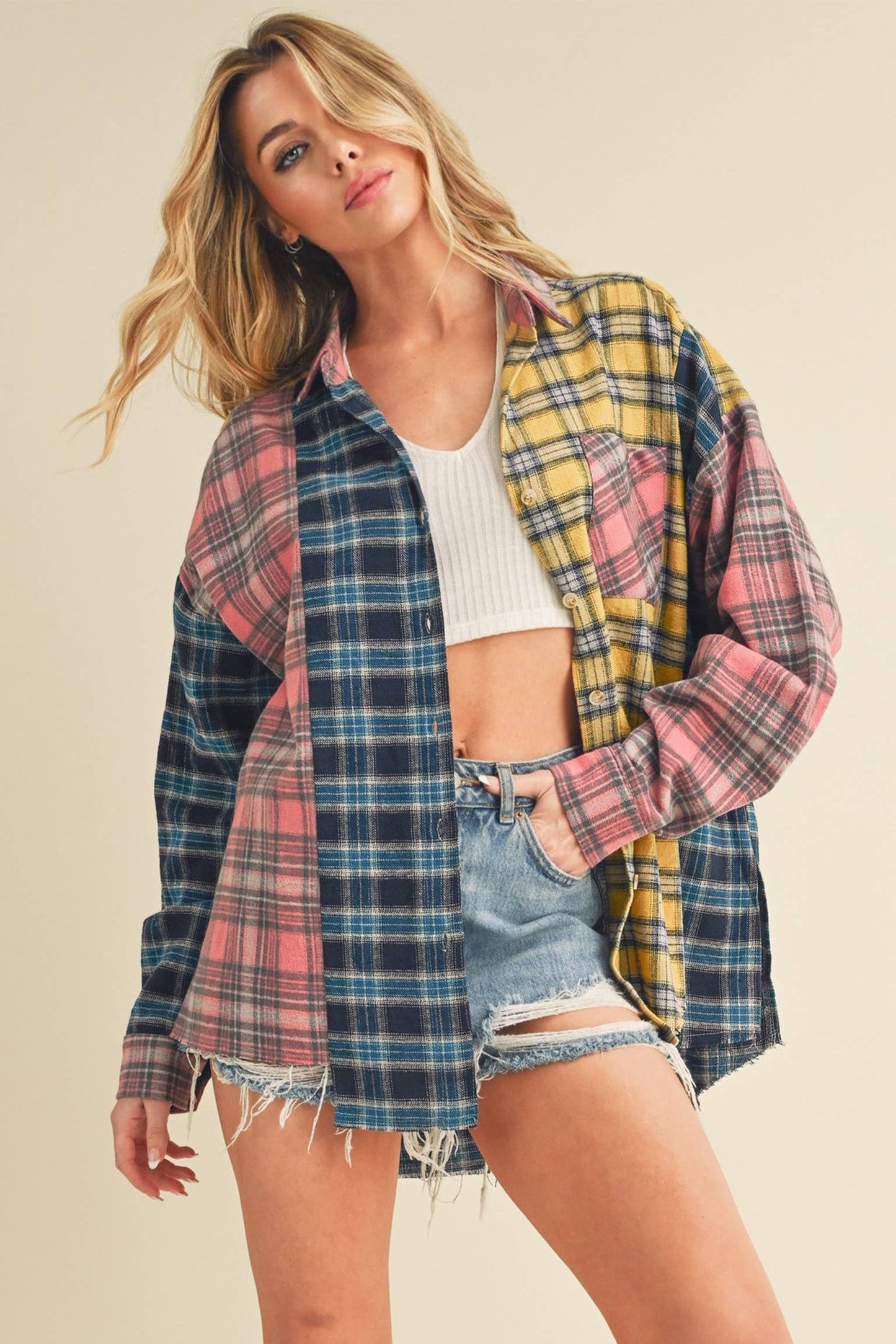 Multi Color Plaid Oversized Flannel Shirt