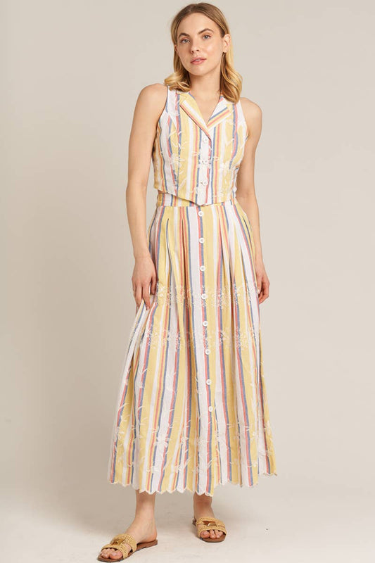 Embroidered Multicolor Striped Maxi Skirt