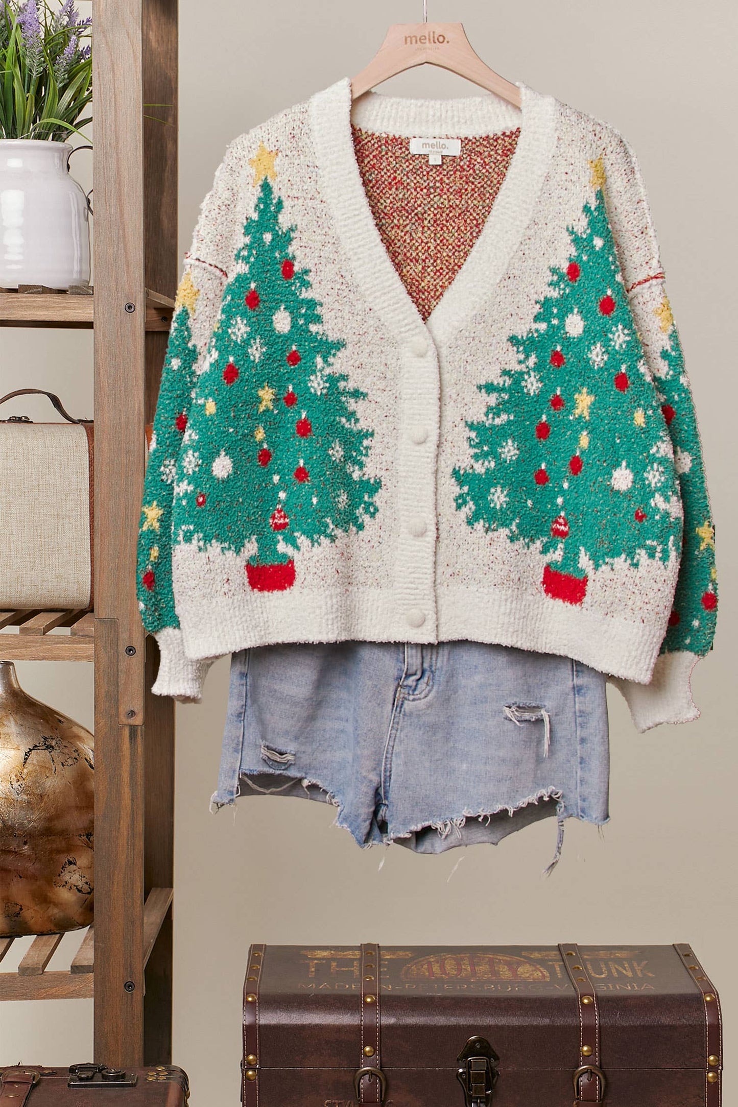Merry Pine V-Neck Oversized Knit Cardigan - Christmas Tree