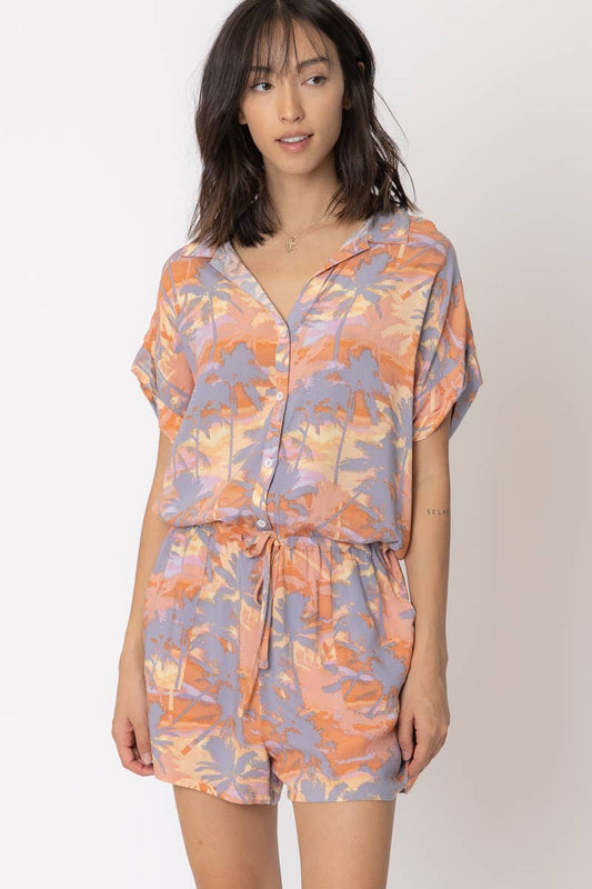 Short Sleeve Tropical Print Romper