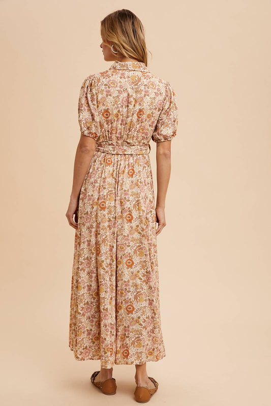 PRAIRIE BORDER PRINT BUTTON DOWN MAXI DRESS: VINTAGE CREAM