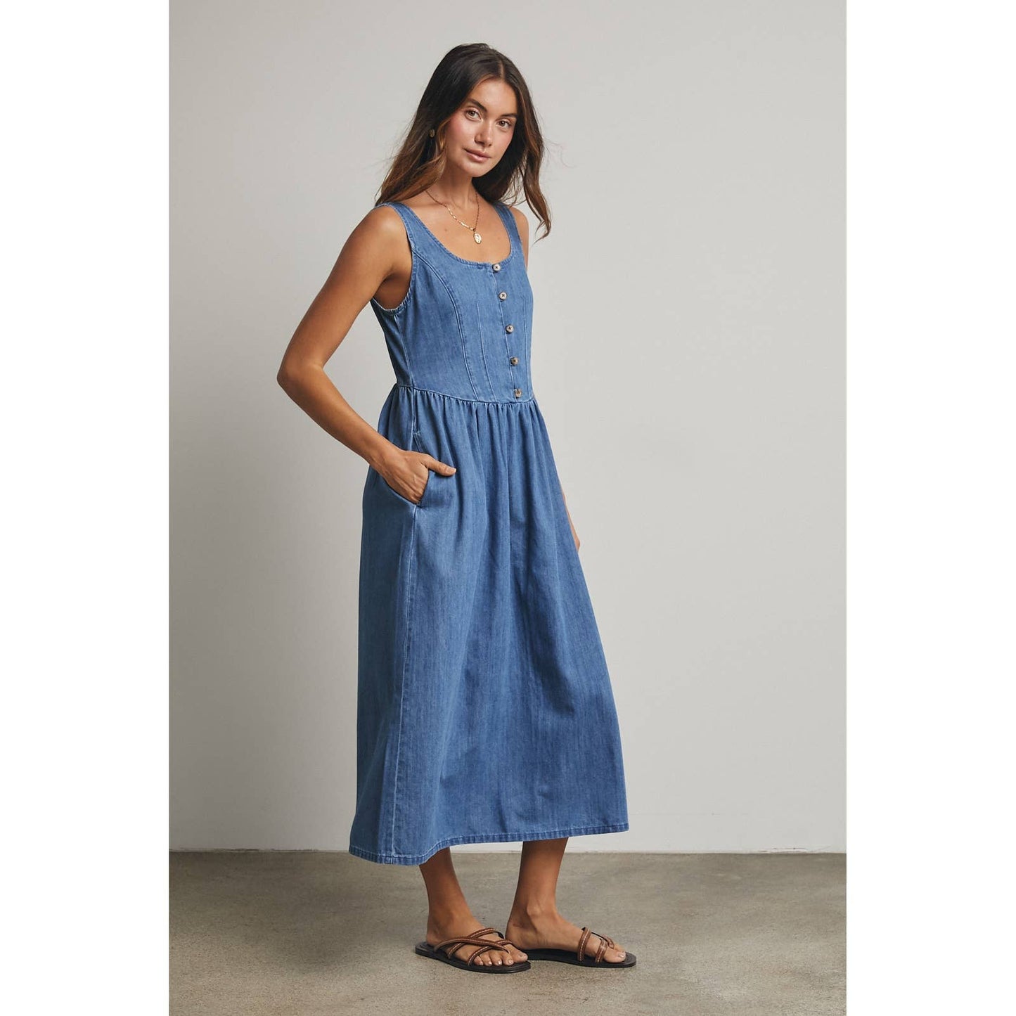 COTTON DENIM BUTTON-UP MIDI DRESS