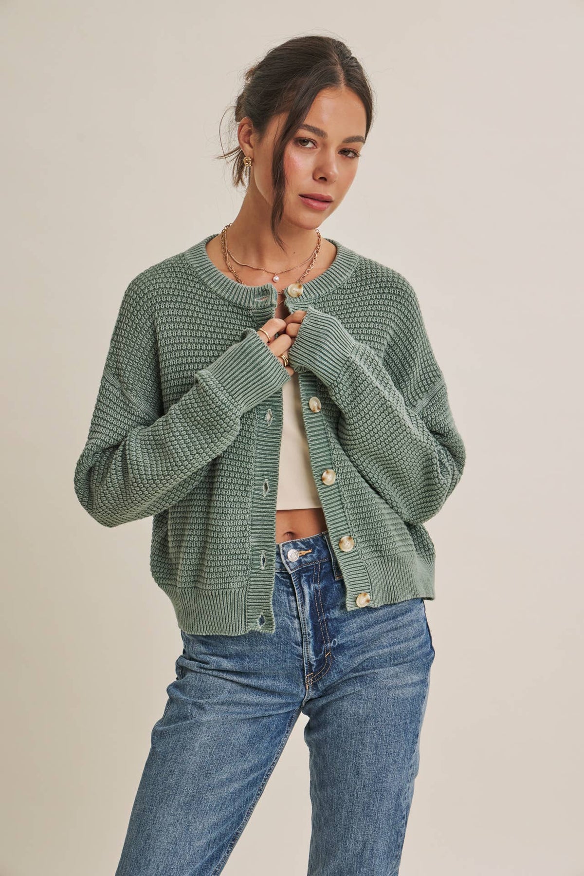 MINERAL-WASHED CABLE KNIT COTTON CARDIGAN