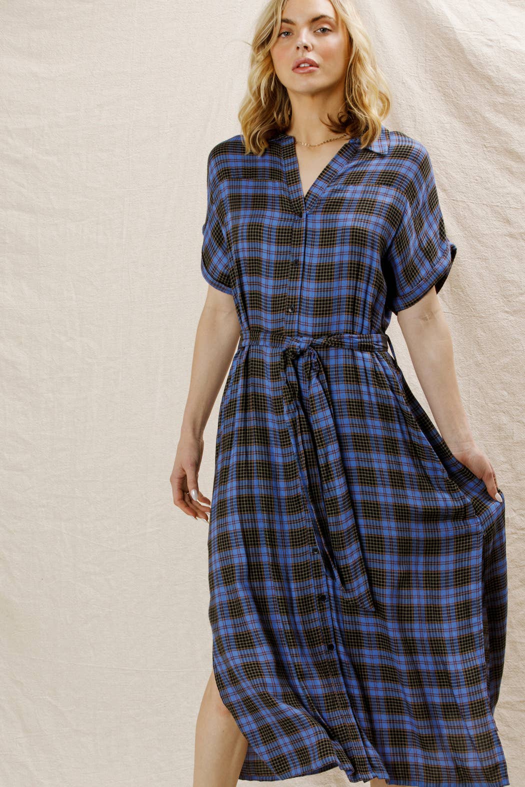 Plaid Button Down Belted Shirt Dress