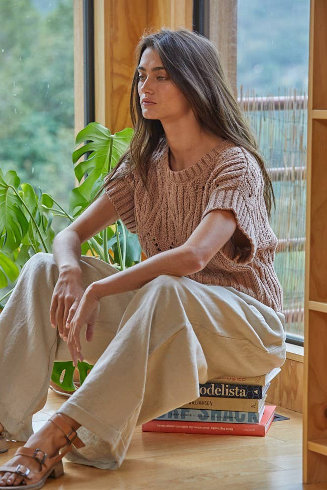 Knit Sweater Crochet Round Neck Short Sleeve Top: Olive