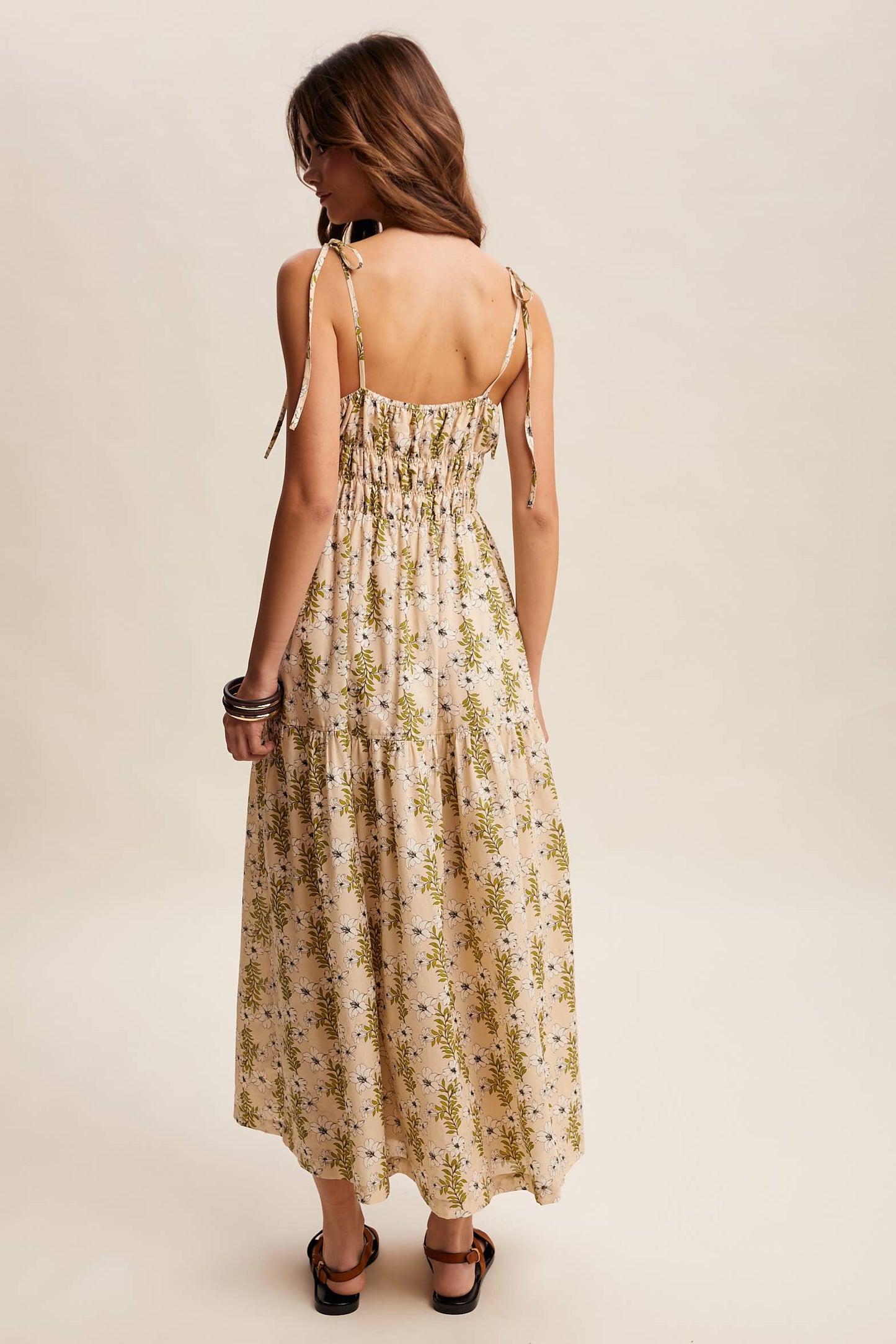Floral Tie-Strap Smocked Maxi Dress