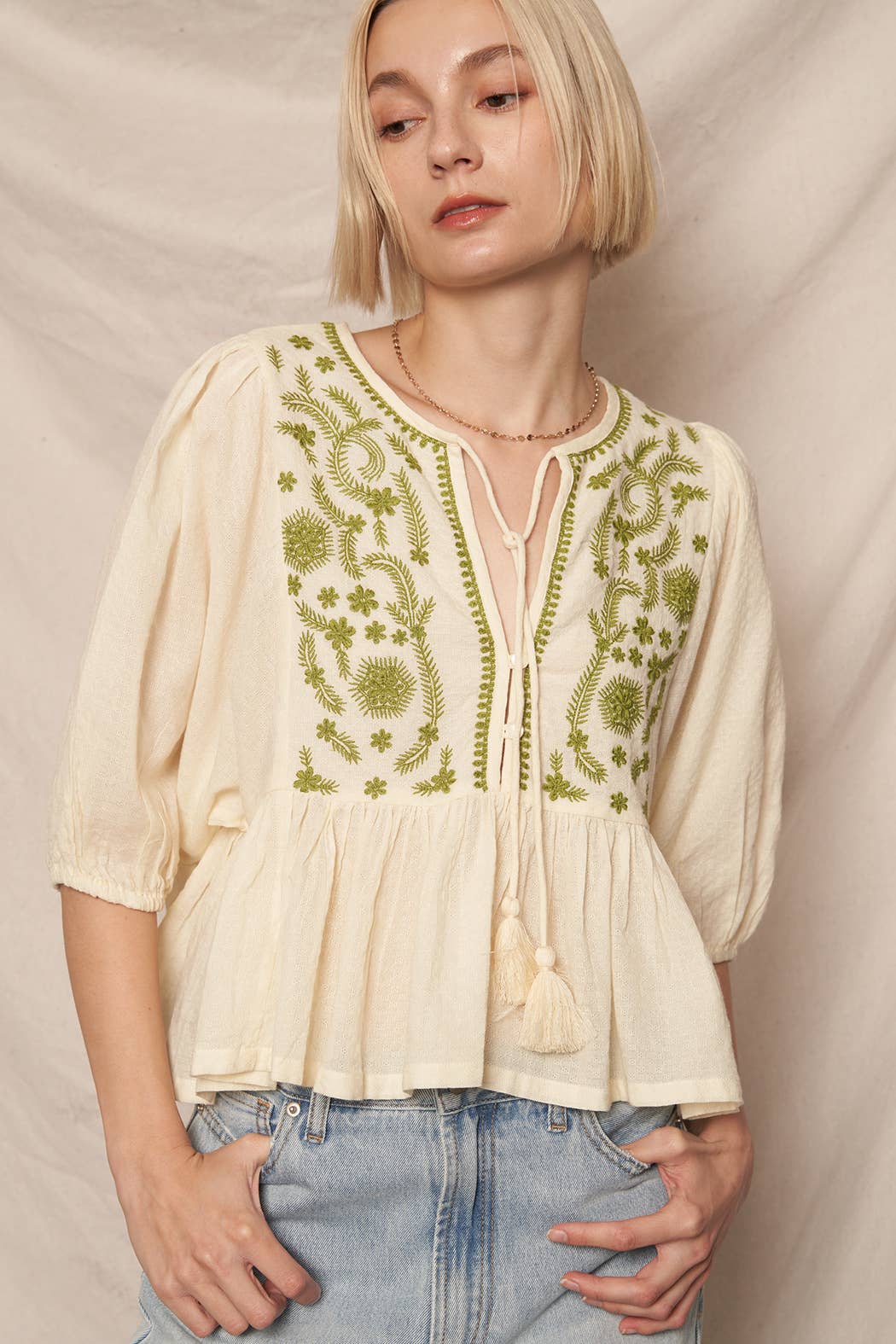 Puff Sleeve Peplum Top with Embroidery Detail: Cream Olive