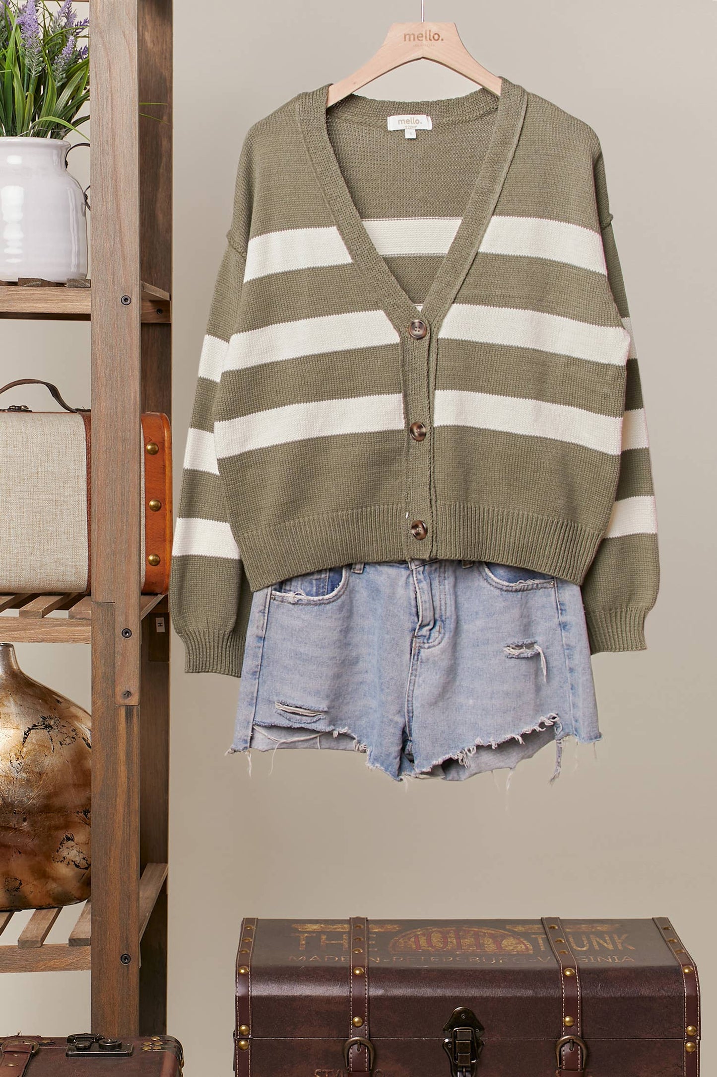 Striped  V Neck Knit Cardigan