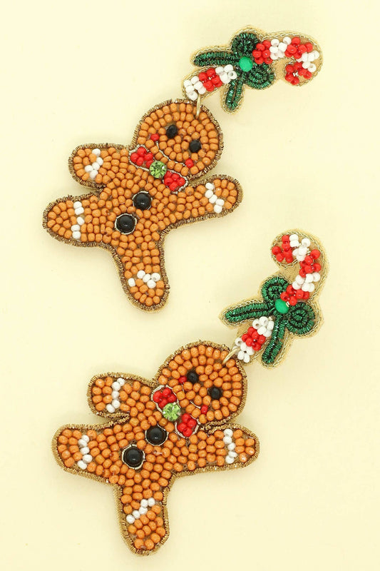 Christmas Gingerbread Man Seed Beaded Earrings XE18607