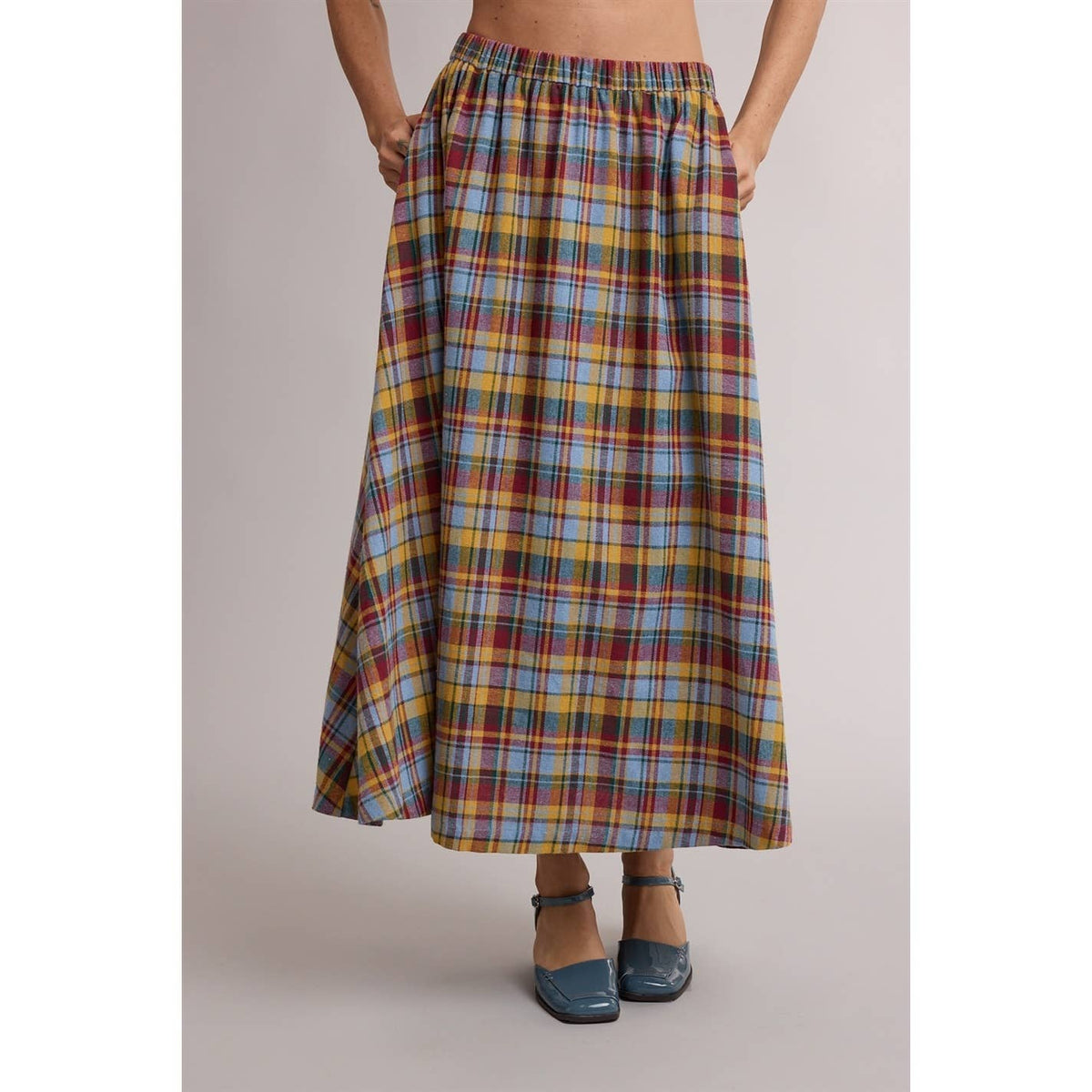 PLAID A-LINE MIDI SKIRT