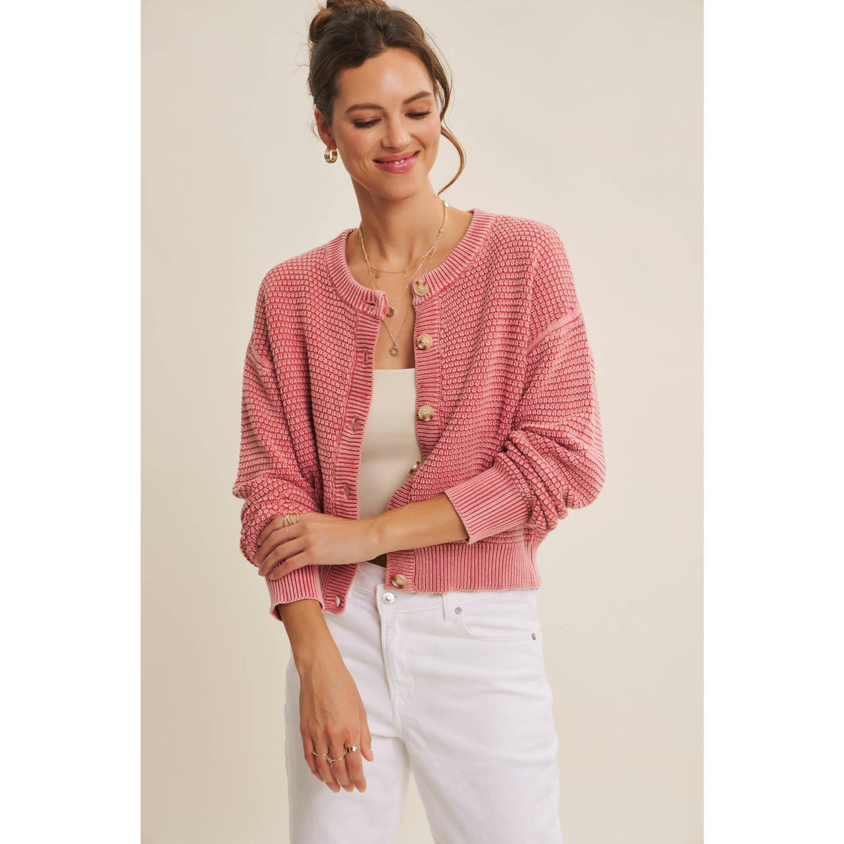 MINERAL-WASHED CABLE KNIT COTTON CARDIGAN