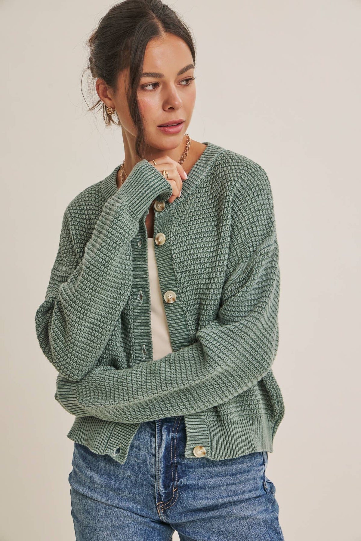 MINERAL-WASHED CABLE KNIT COTTON CARDIGAN