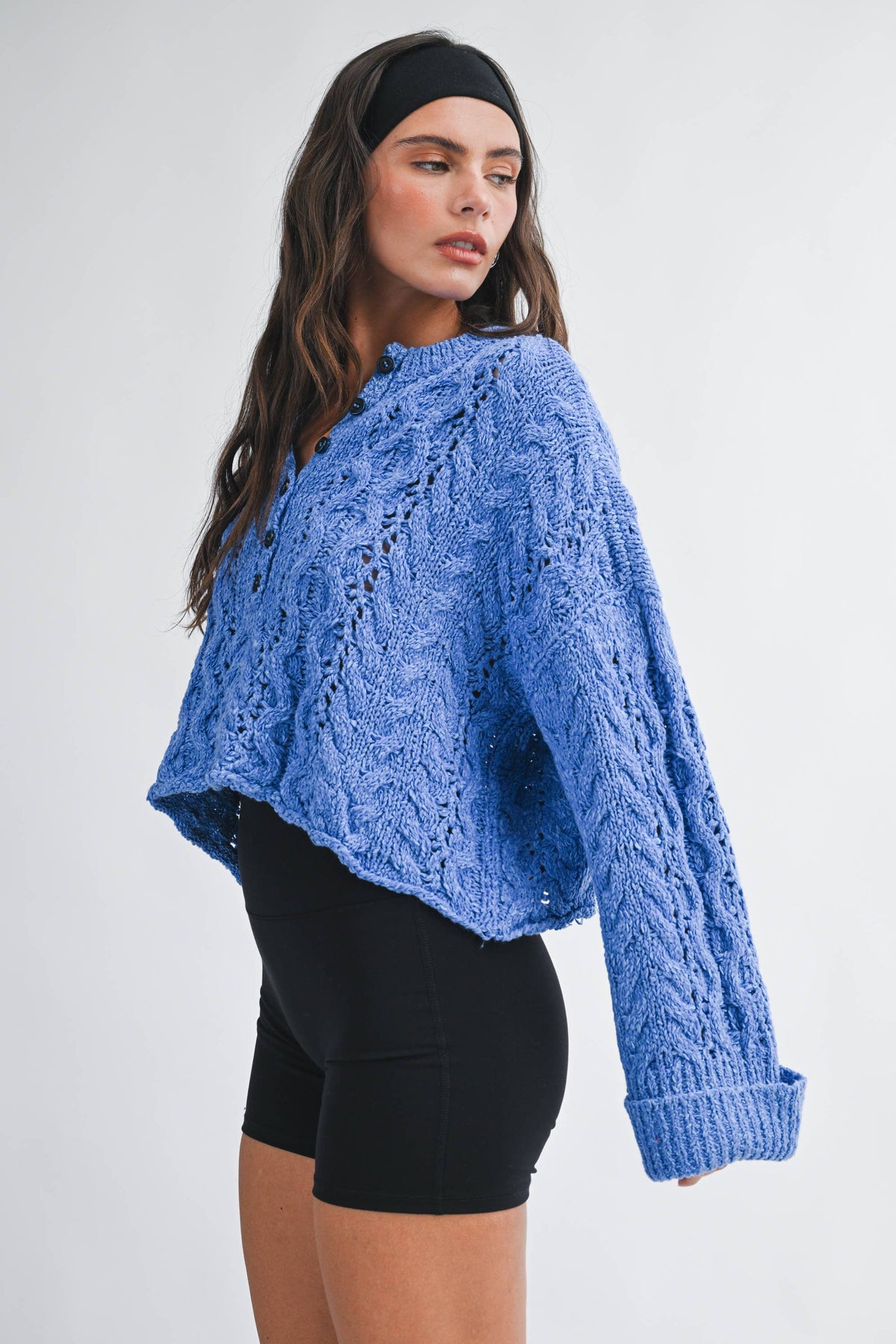 Textured Cropped Henley Knit Sweater